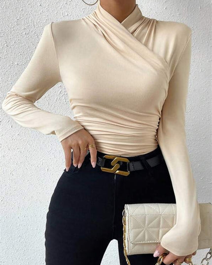 Cross-Over Collar Pleated Cinched T-Shirt