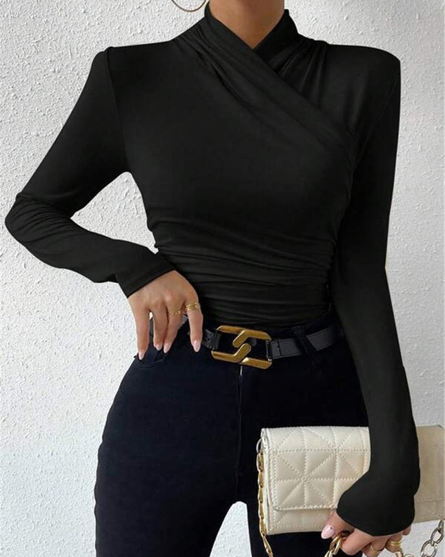 Cross-Over Collar Pleated Cinched T-Shirt