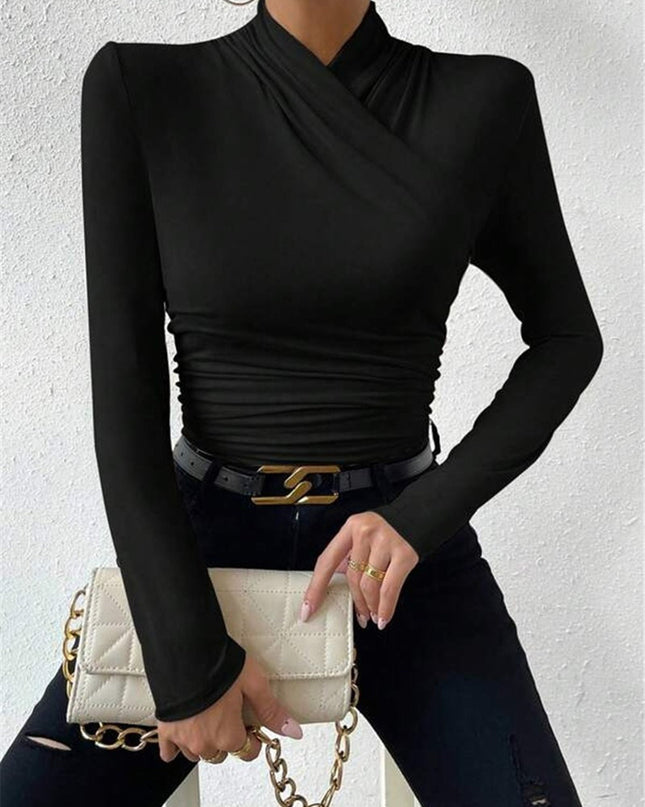 Cross-Over Collar Pleated Cinched T-Shirt