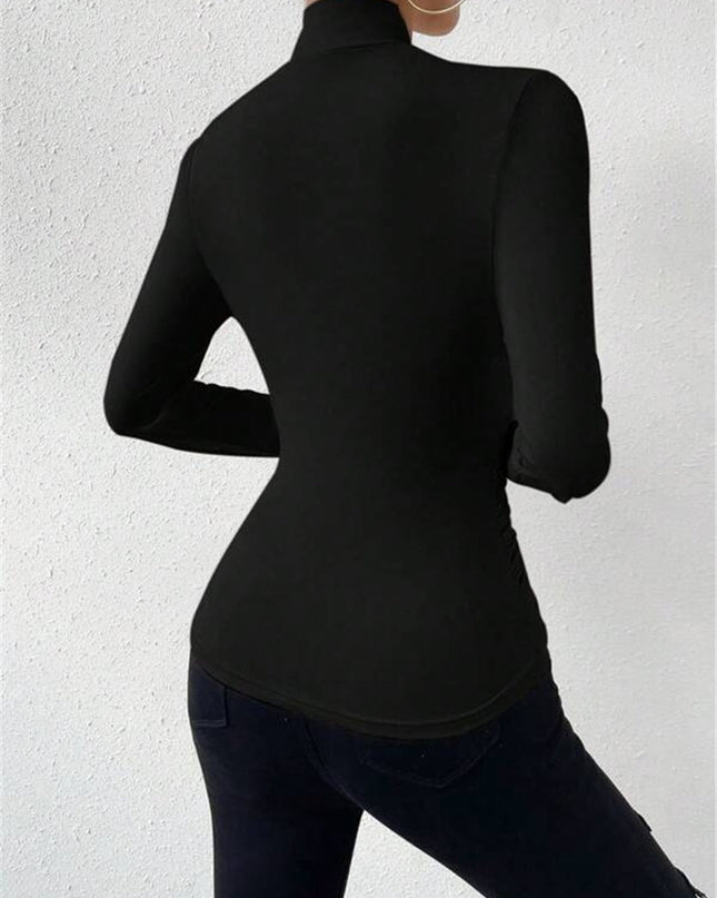 Cross-Over Collar Pleated Cinched T-Shirt