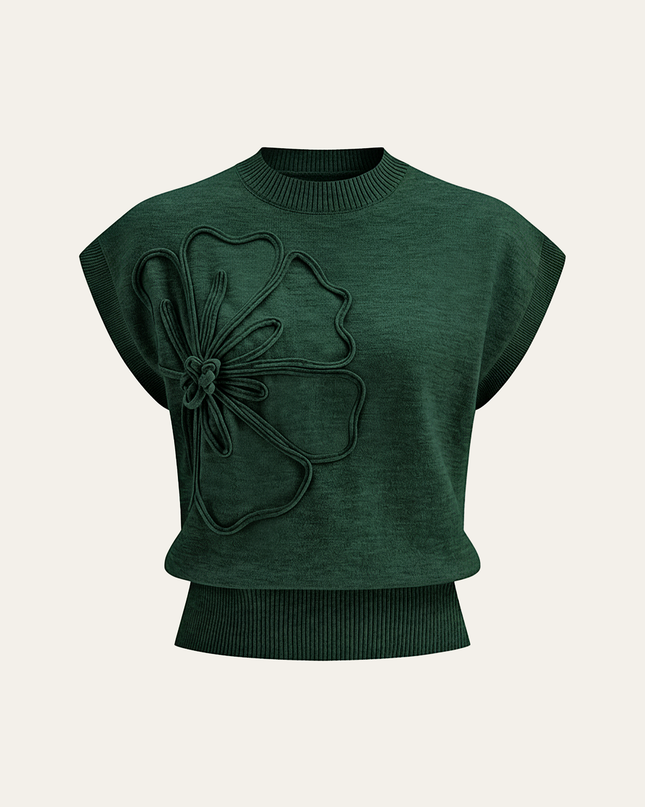 Flower Applique Cap Sleeve Knit Top