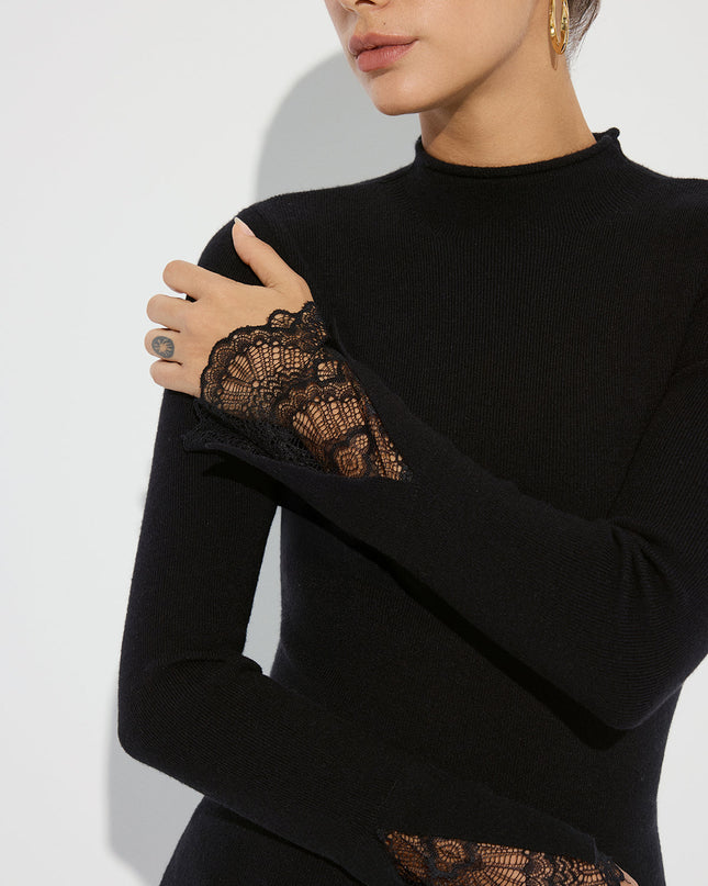 Mock Neck Lace Cuff Knit Top