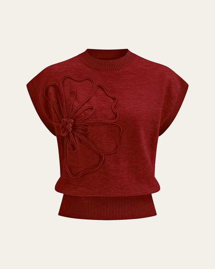 Flower Applique Cap Sleeve Knit Top