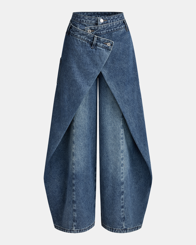 "Deconstructed Wrap" Wrap-Front Balloon Jeans
