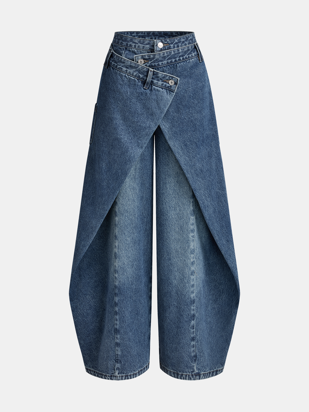 "Deconstructed Wrap" Wrap-Front Balloon Jeans