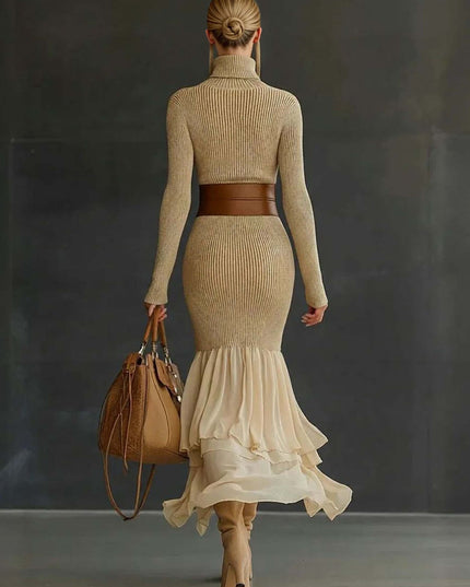 Elegant Asymmetrical Ruffled Knit Midi Dress