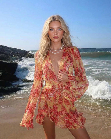 Deep V-Neck Printed Mini Dress