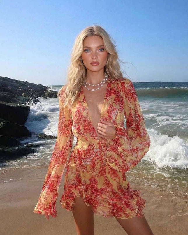 Deep V-Neck Printed Mini Dress
