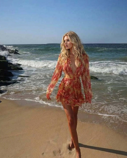 Deep V-Neck Printed Mini Dress