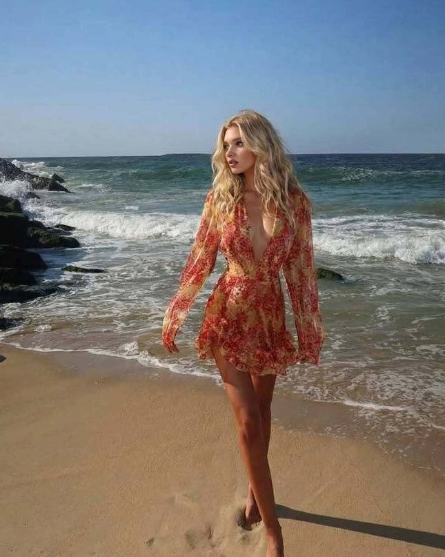 Deep V-Neck Printed Mini Dress