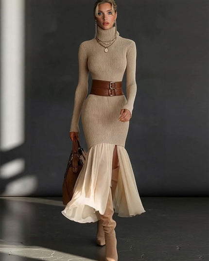 Elegant Asymmetrical Ruffled Knit Midi Dress