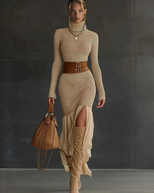 Elegant Asymmetrical Ruffled Knit Midi Dress