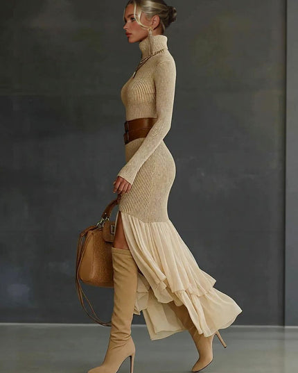 Elegant Asymmetrical Ruffled Knit Midi Dress