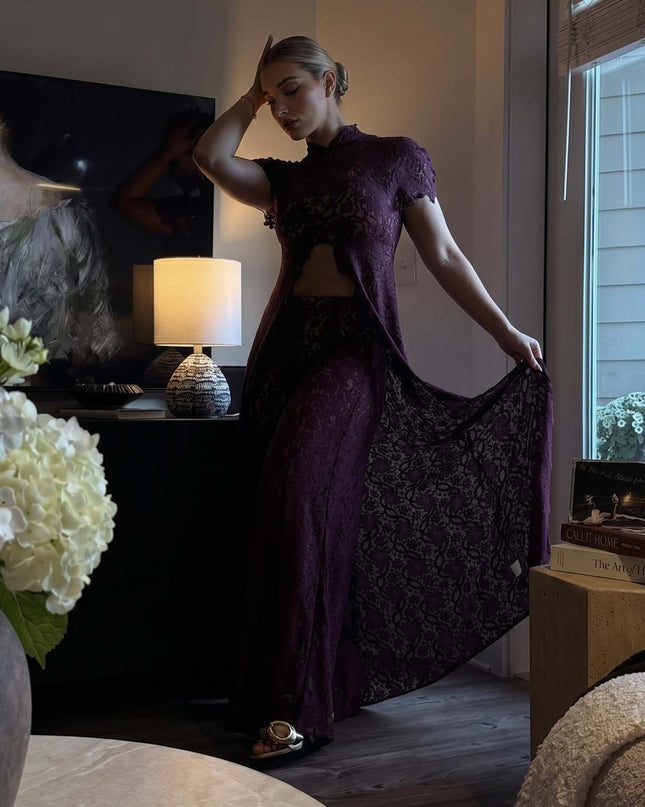 Lace Long-sleeved Top And Wide-leg Pants Set（Headscarf Not Included）