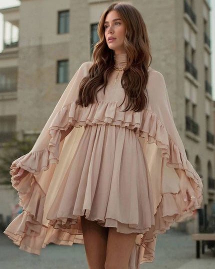 Semi-Sheer Chiffon Ruffle Cape And Mini Dress Suit
