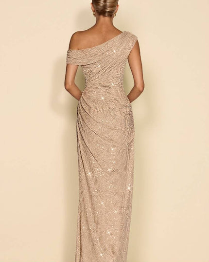 Off-Shoulder Shiny Pleated Maxi Dress