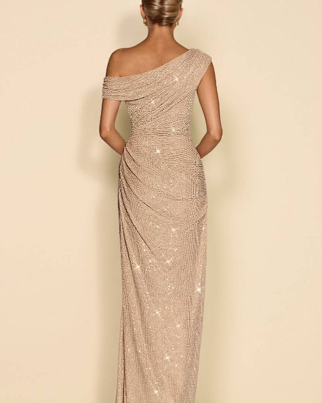 Off-Shoulder Shiny Pleated Maxi Dress
