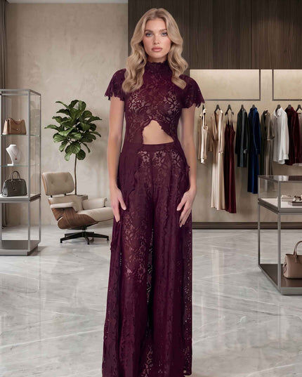 Lace Long-sleeved Top And Wide-leg Pants Set（Headscarf Not Included）