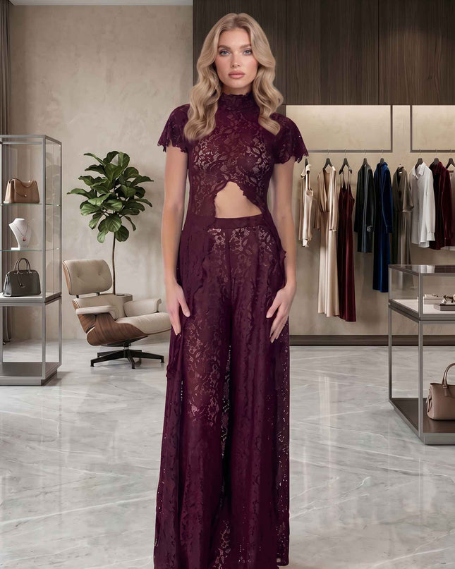 Lace Long-sleeved Top And Wide-leg Pants Set（Headscarf Not Included）