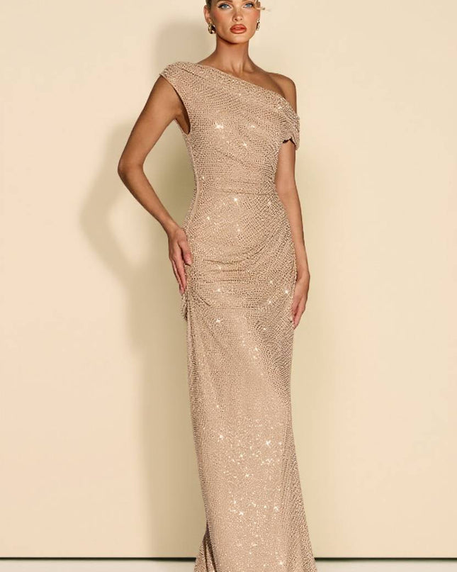 Off-Shoulder Shiny Pleated Maxi Dress