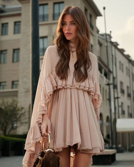 Semi-Sheer Chiffon Ruffle Cape And Mini Dress Suit