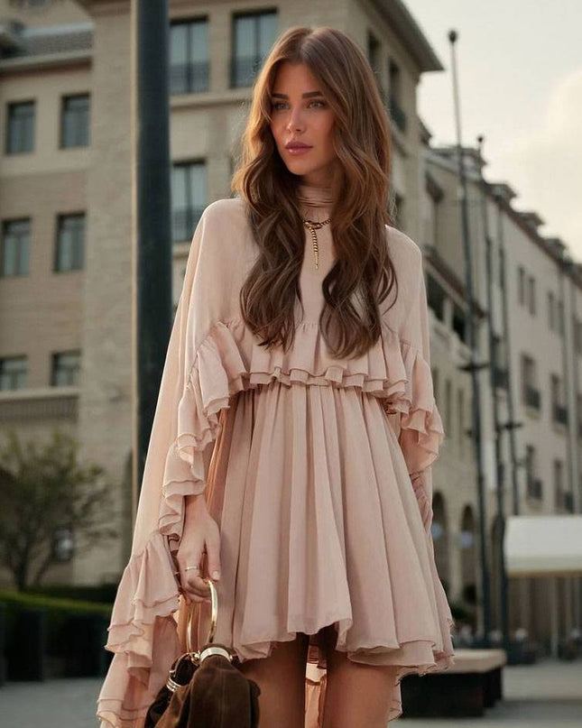 Semi-Sheer Chiffon Ruffle Cape And Mini Dress Suit