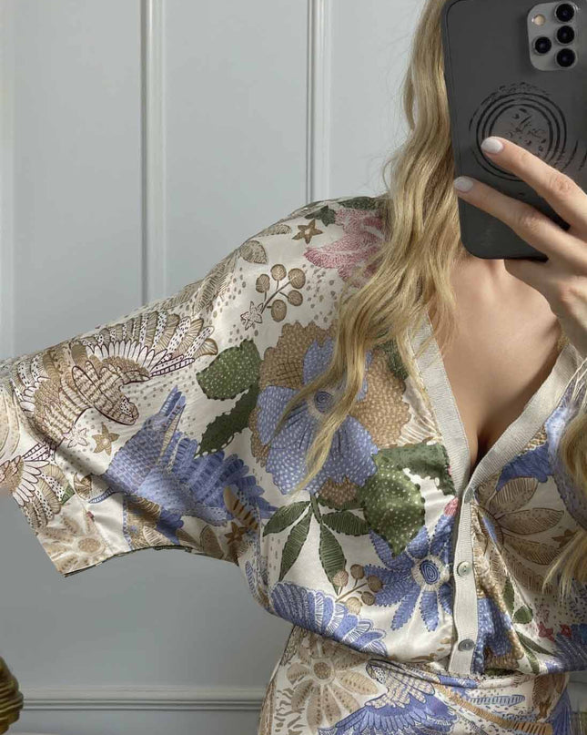 Exquisite Satin Floral Print Off-shoulder Shirt