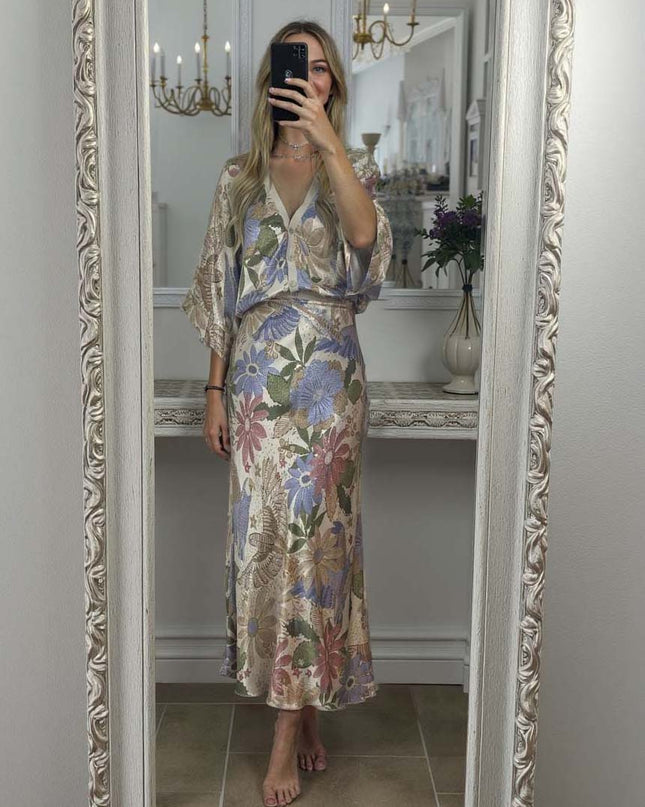 Exquisite Satin Floral Print Off-shoulder Shirt