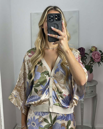 Exquisite Satin Floral Print Off-shoulder Shirt