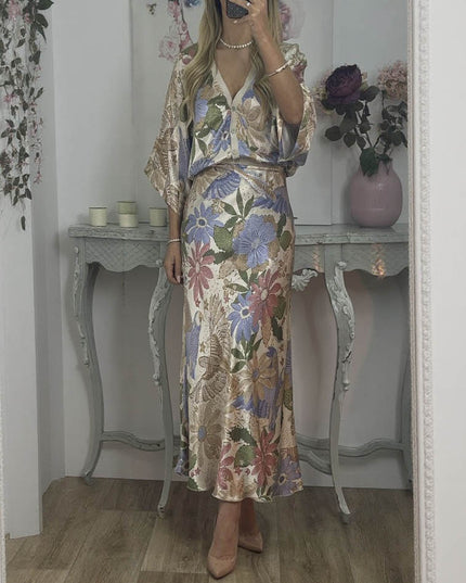 Exquisite Satin Floral Print Fishtail Skirt