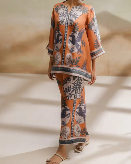 Pegasus Orange Satin Printed Two-Piece Co-Ord Set