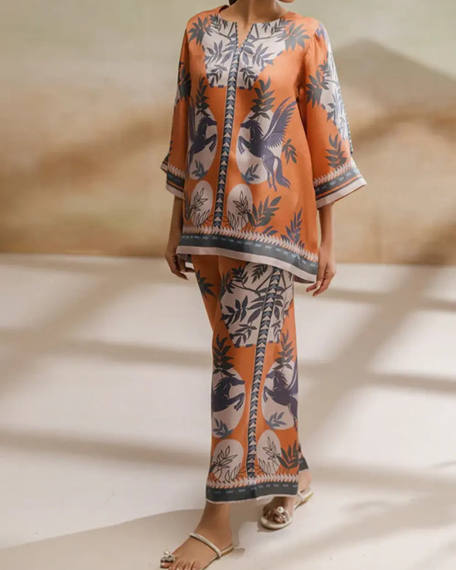 Pegasus Orange Satin Printed Two-Piece Co-Ord Set