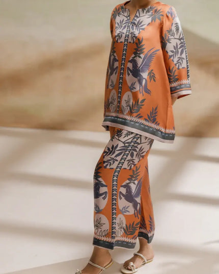 Pegasus Orange Satin Printed Two-Piece Co-Ord Set