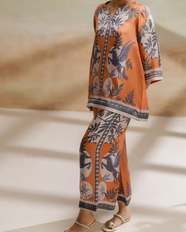 Pegasus Orange Satin Printed Two-Piece Co-Ord Set