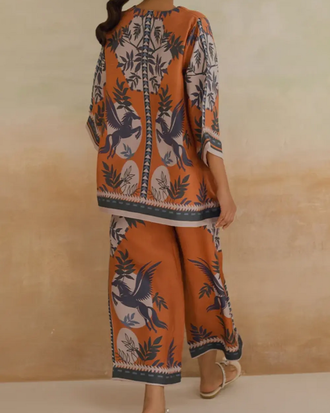 Pegasus Orange Satin Printed Two-Piece Co-Ord Set