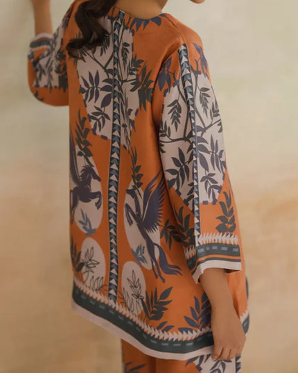 Pegasus Orange Satin Printed Two-Piece Co-Ord Set