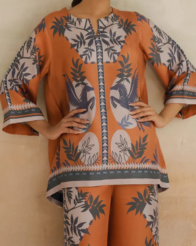Pegasus Orange Satin Printed Two-Piece Co-Ord Set