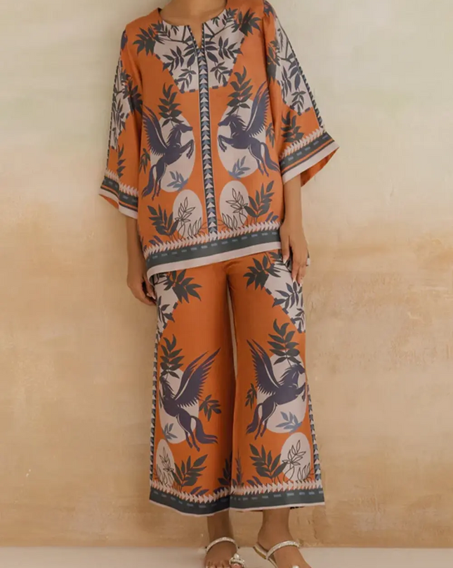Pegasus Orange Satin Printed Two-Piece Co-Ord Set