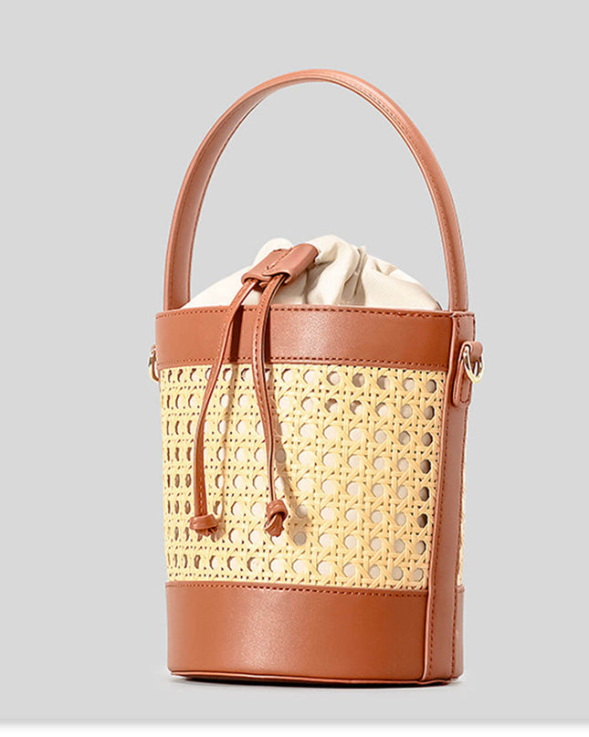 Beach Holiday Hollow Hand-Woven Rattan Drawstring Bucket Bag