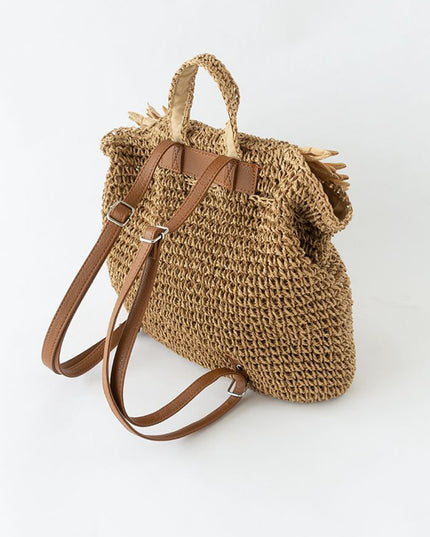 Caramel Fringed Trim Woven Straw Backpack