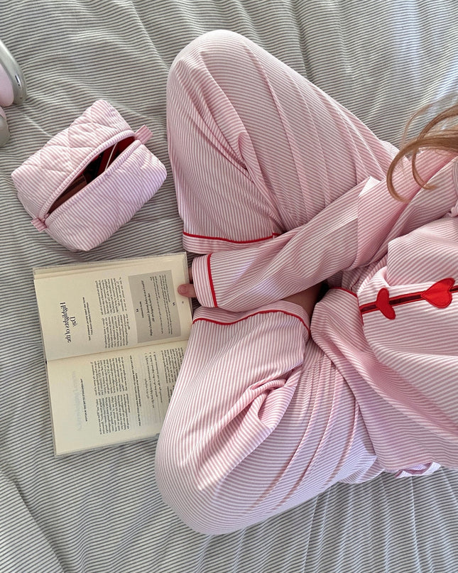 "Heart Stripe" Pink Stripe & Red Heart Button Cotton Pajama Set