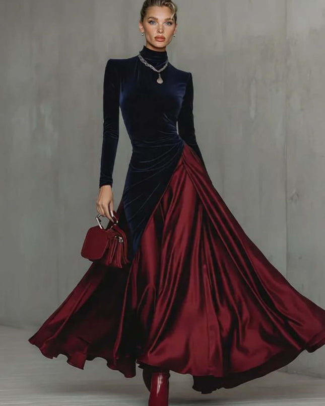 Elegant Velvet Satin Color-blocked Maxi Dress