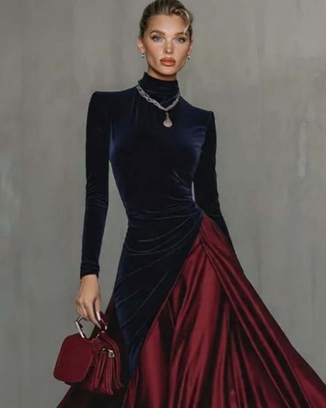 Elegant Velvet Satin Color-blocked Maxi Dress