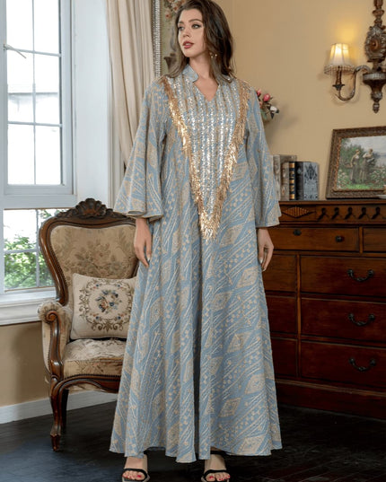 Satin Embellished Abaya Maxi Dress with Gold Fringe