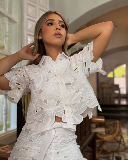 "Bloom Lace" White Floral Cutwork Two-Piece Set