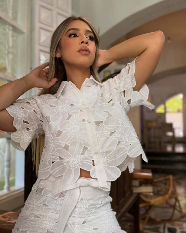 "Bloom Lace" White Floral Cutwork Two-Piece Set
