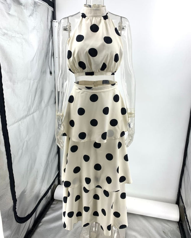 Retro Polka Dot Halter Neck Tiered Maxi Two-Piece Set