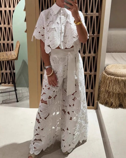 "Bloom Lace" White Floral Cutwork Two-Piece Set