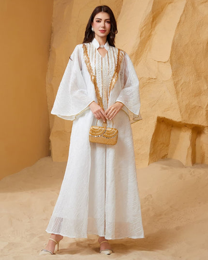 Satin Embellished Abaya Maxi Dress with Gold Fringe