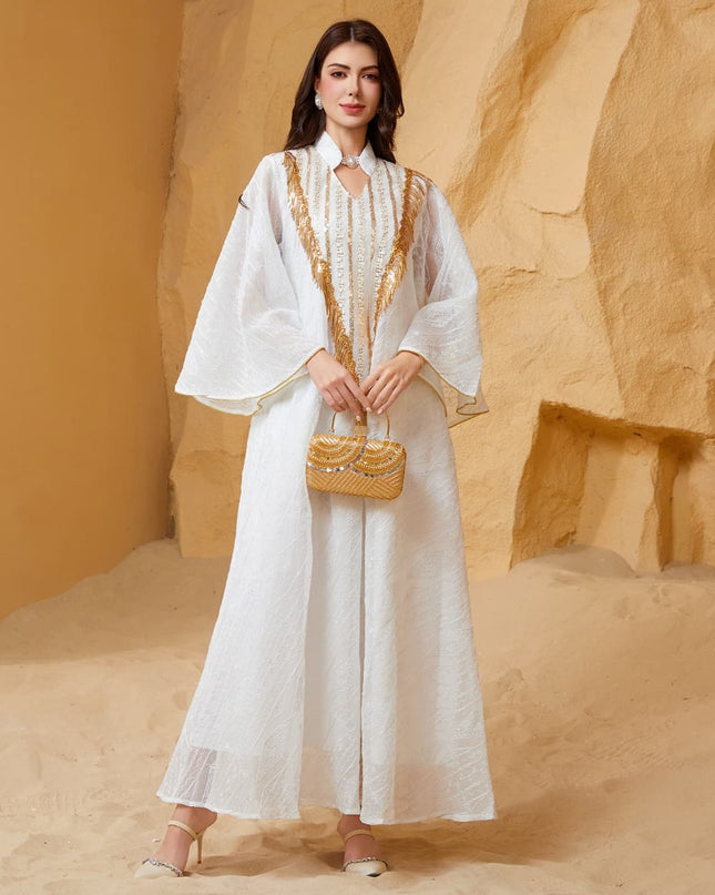 Satin Embellished Abaya Maxi Dress with Gold Fringe